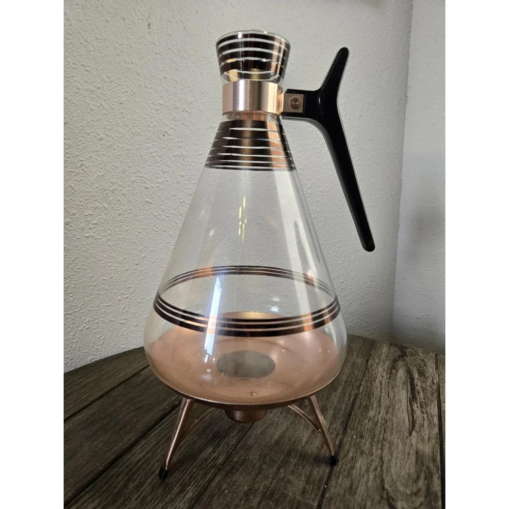Vintage Inland Glass Copper Rose Gold Accent Coffee Carafe W/Stand MCM Retro